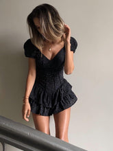 Fashion V Neck Ruffles Pleated Dress Women Puff Sleeve Chic Black Summer Dress Party Hollow Out Vintage Corset Ladies